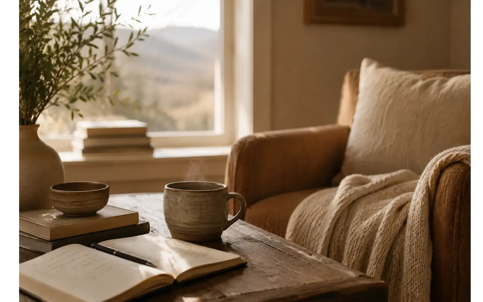 Notebook and cups in a quiet living room
